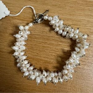 Pearl crochet toggle closure silver tone bracelet vintage Victorian